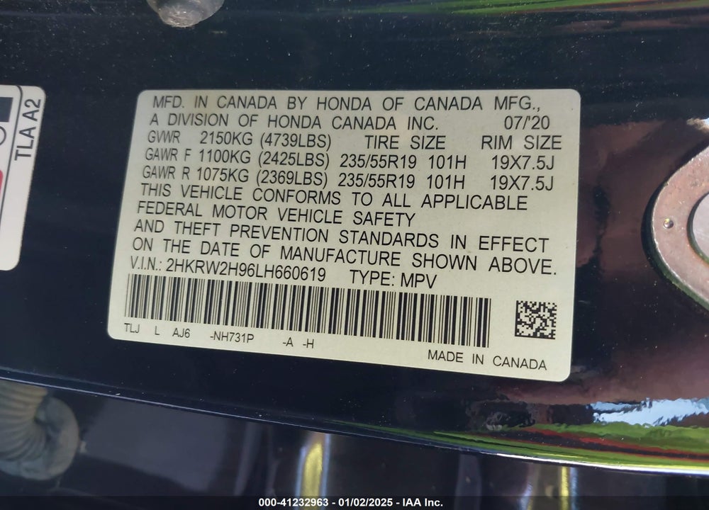 2020 HONDA CR-V AWD TOURING VIN: 2HKRW2H96LH660619
