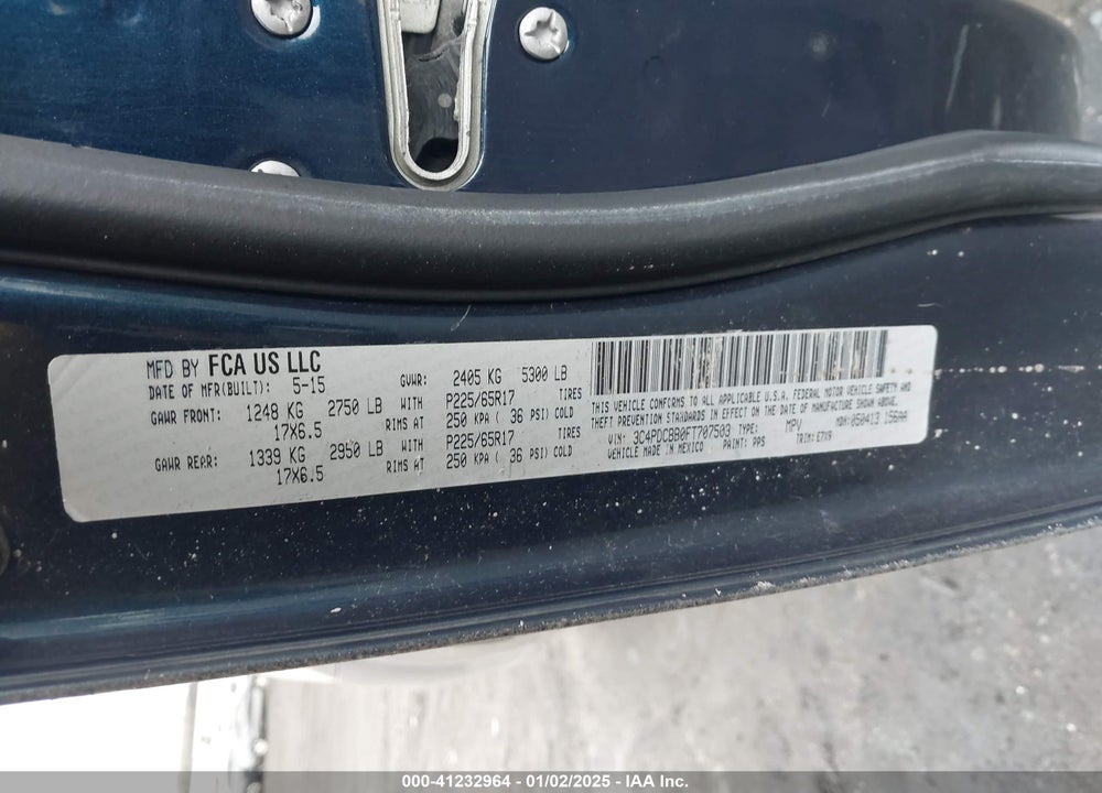 2015 DODGE JOURNEY SXT VIN: 3C4PDCBB0FT707503