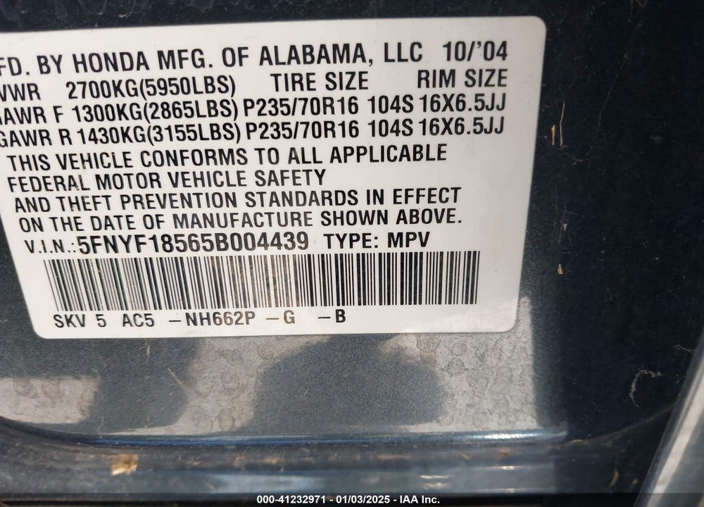 2005 HONDA PILOT EX-L VIN: 5FNYF18565B004439