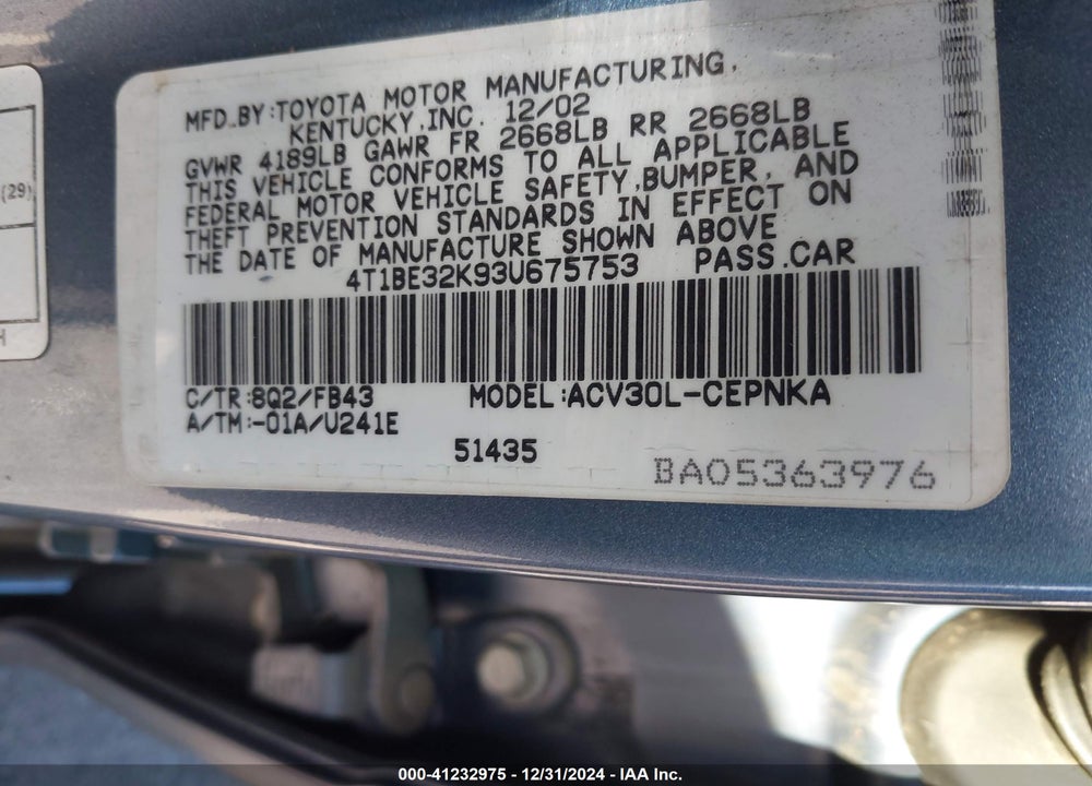 2003 TOYOTA CAMRY LE VIN: 4T1BE32K93U675753