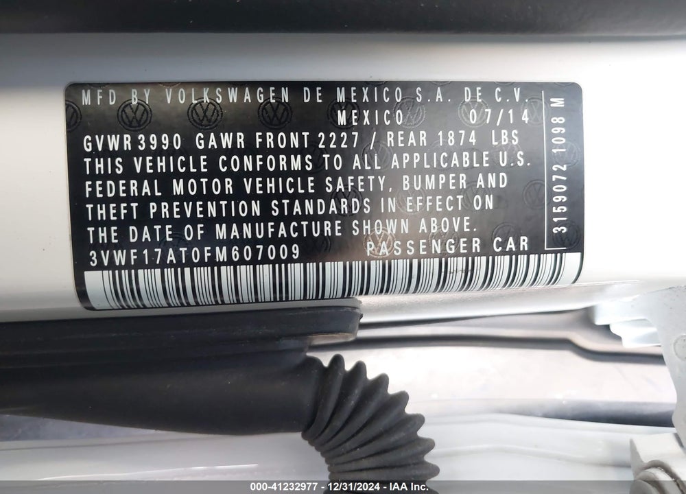 2015 VOLKSWAGEN BEETLE VIN: 3VWF17AT0FM607009