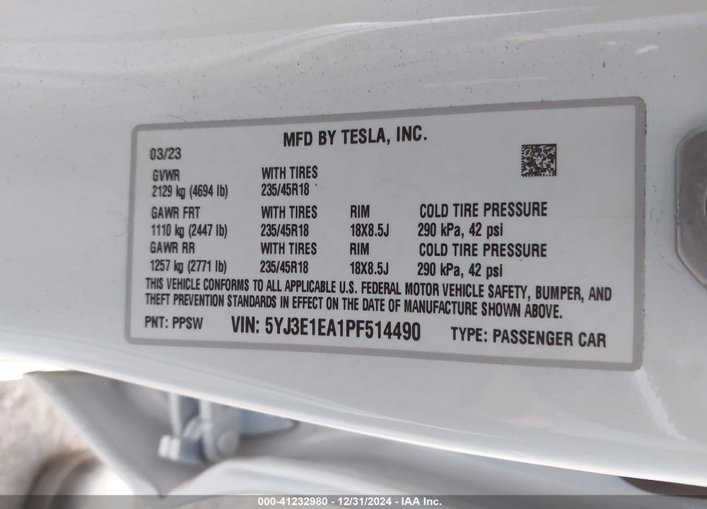 2023 TESLA MODEL 3 REAR-WHEEL DRIVE VIN: 5YJ3E1EA1PF514490