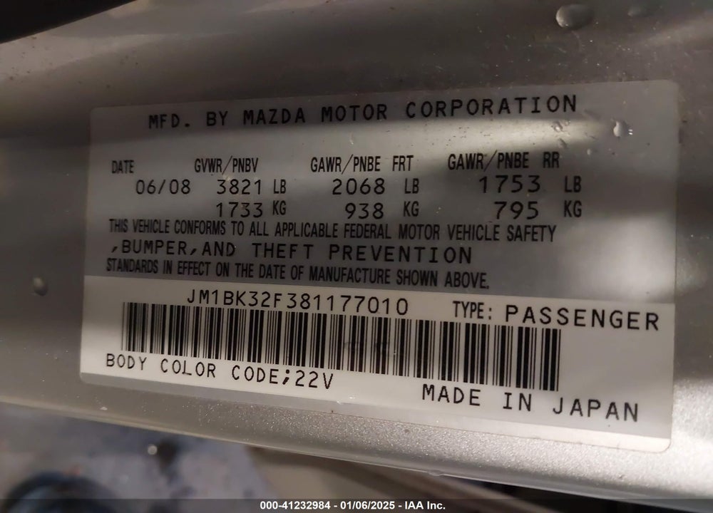 2008 MAZDA 3 VIN: JM1BK32F381177010