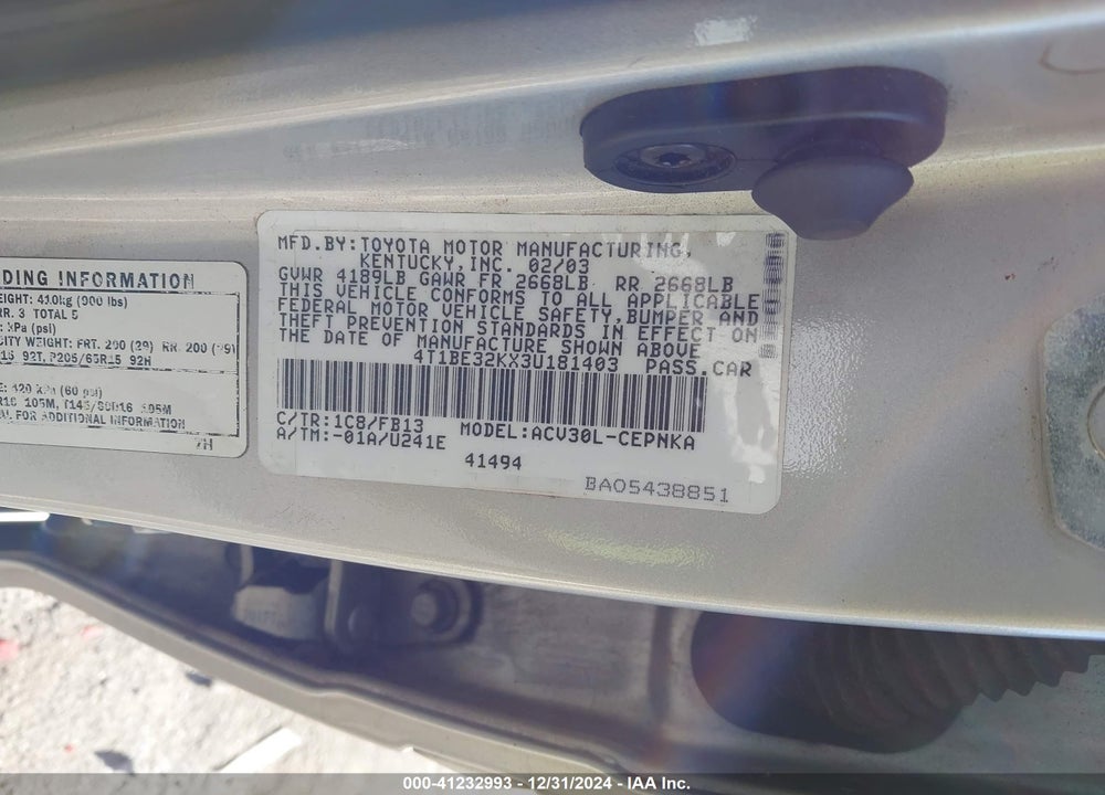 2003 TOYOTA CAMRY LE VIN: 4T1BE32KX3U181403