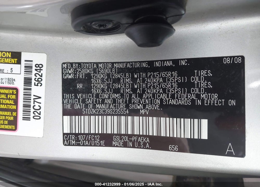 2009 TOYOTA SIENNA LE VIN: 5TDZK23C39S235554