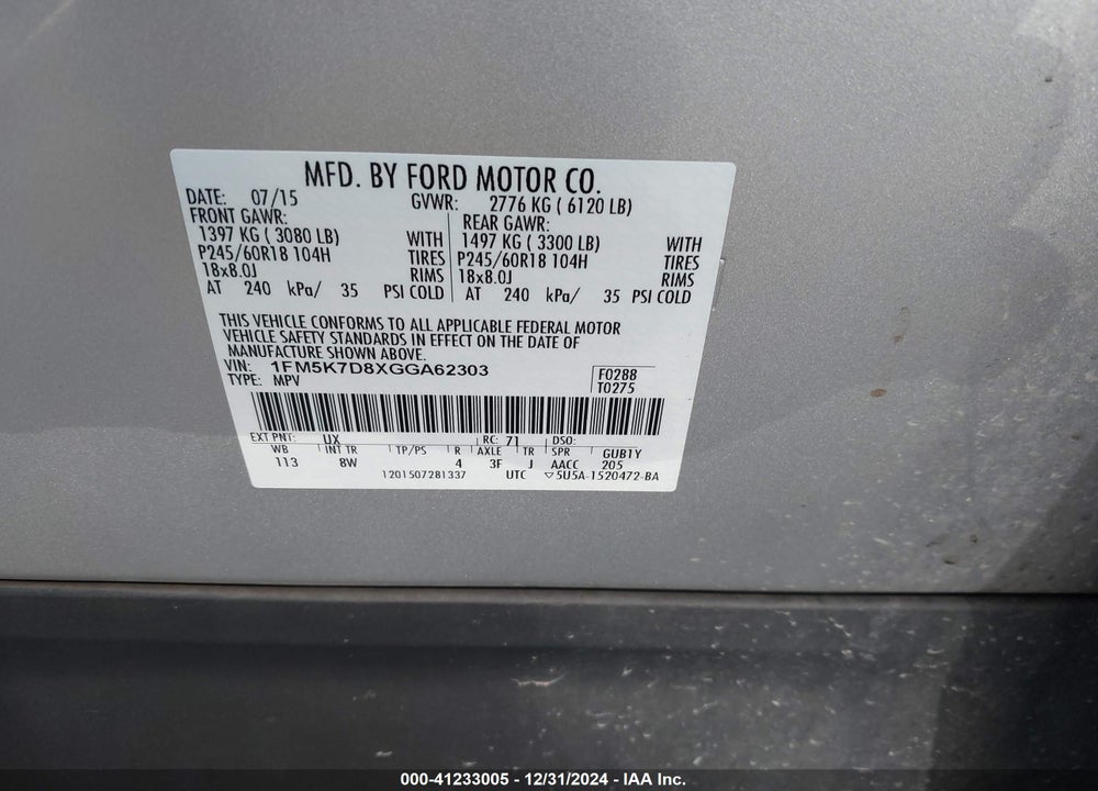 2016 FORD EXPLORER XLT VIN: 1FM5K7D8XGGA62303
