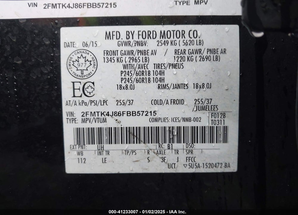 2015 FORD EDGE SEL VIN: 2FMTK4J86FBB57215