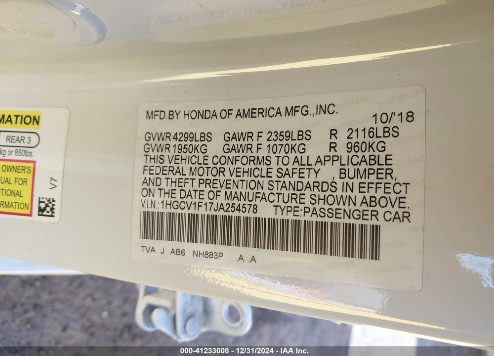 2018 HONDA ACCORD VIN: 1HGCV1F17JA254578
