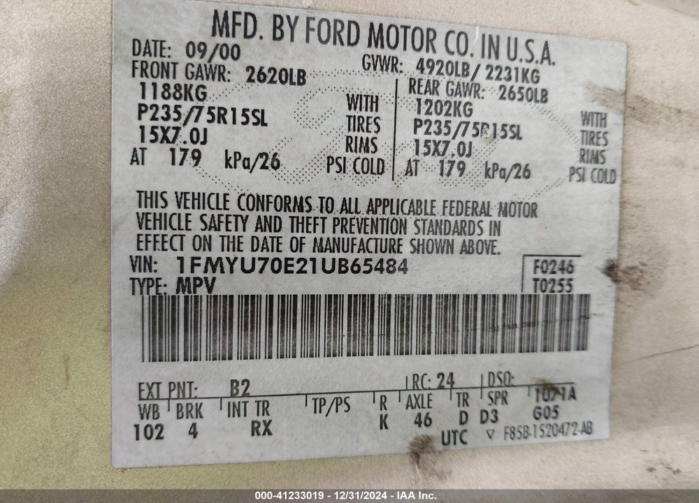 2001 FORD EXPLORER SPORT VIN: 1FMYU70E21UB65484