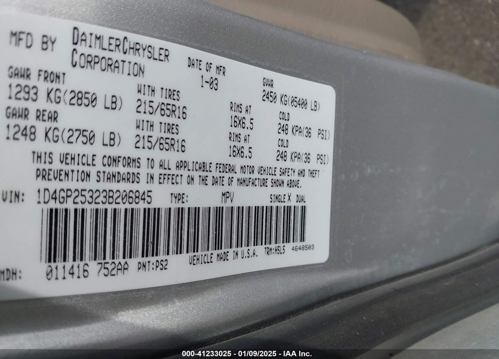 2003 DODGE CARAVAN SE VIN: 1D4GP253238206845