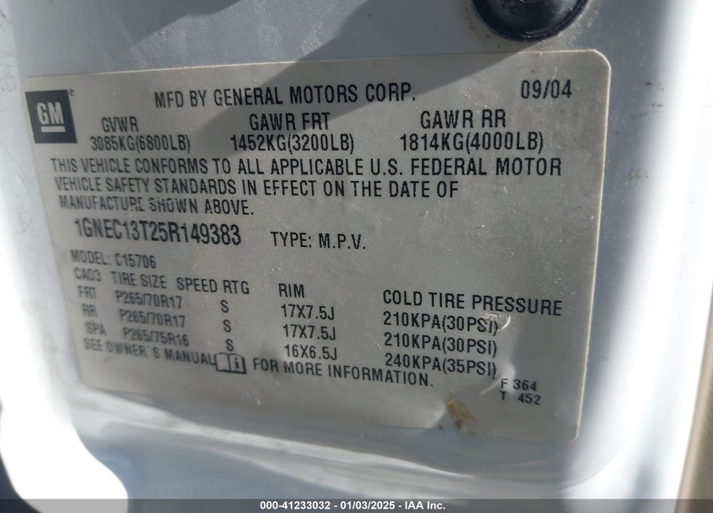 2005 CHEVROLET TAHOE Z71 VIN: 1GNEC13T25R149383