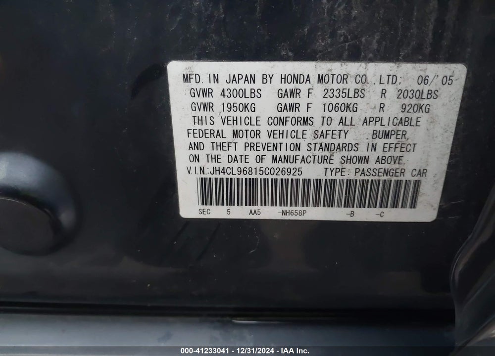 2005 ACURA TSX VIN: JH4CL96815C026925