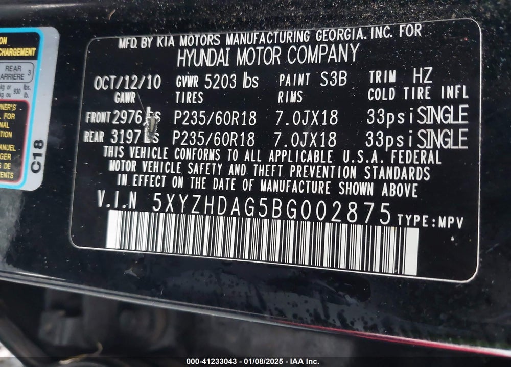 2011 HYUNDAI SANTA FE VIN: 5XYZHDAG5BG002875
