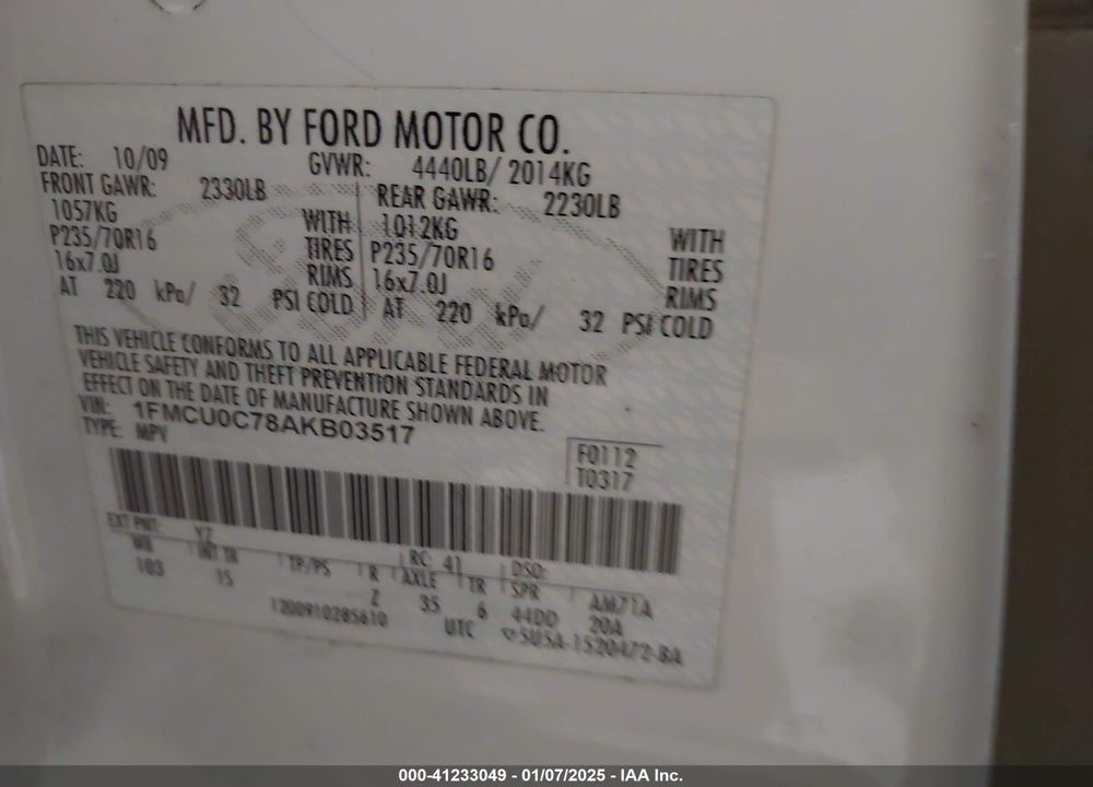 2010 FORD ESCAPE XLS VIN: 1FMCU0C78AKB03517