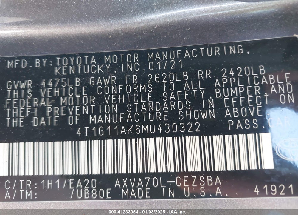 2021 TOYOTA CAMRY VIN: 4T1G11AK6MU430322