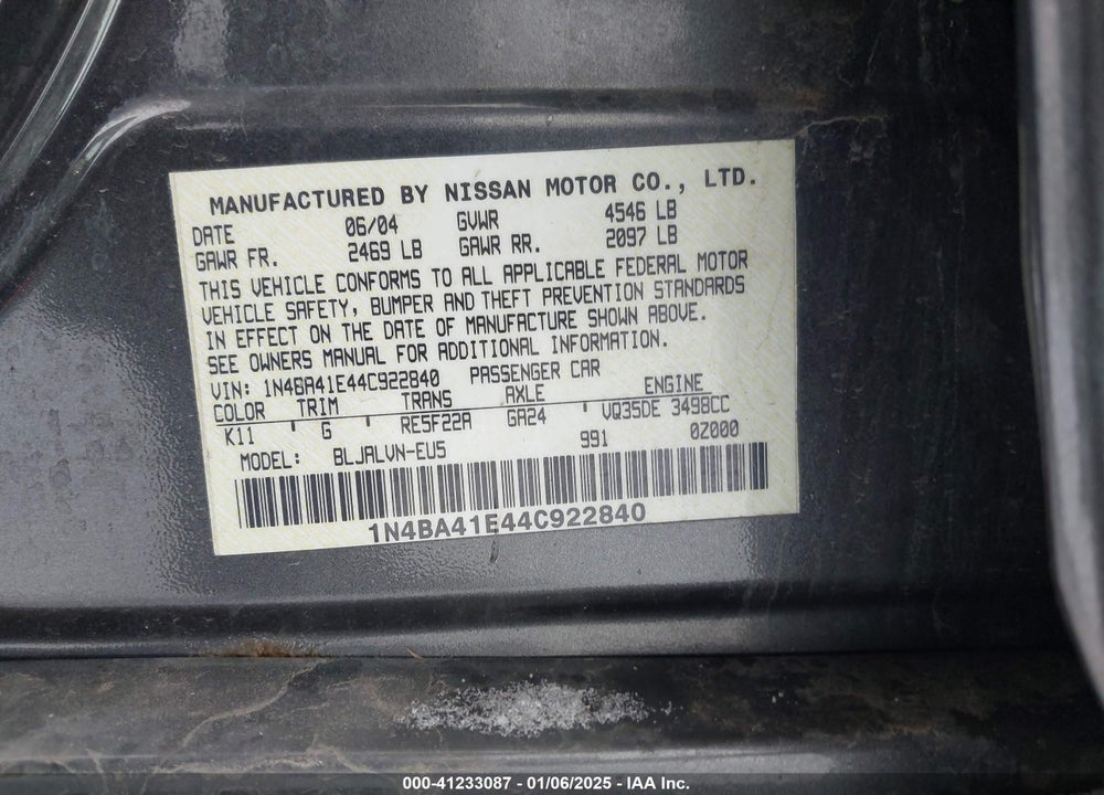 2004 NISSAN MAXIMA 3.5 SL VIN: 1N4BA41E44C922840