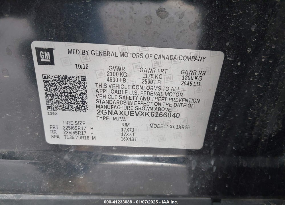 2019 CHEVROLET EQUINOX LT VIN: 2GNAXUEVXK6166040