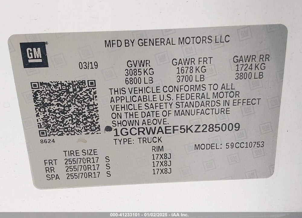 2019 CHEVROLET SILVERADO VIN: 1GCRWAEF5KZ285009