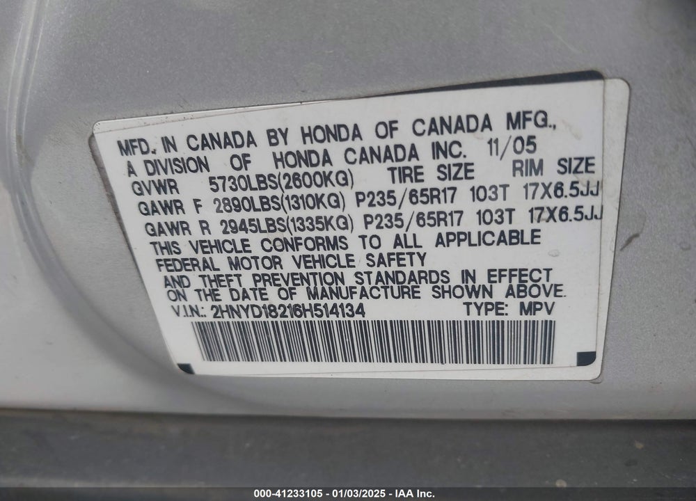 2006 ACURA MDX VIN: 2HNYD18216H514134