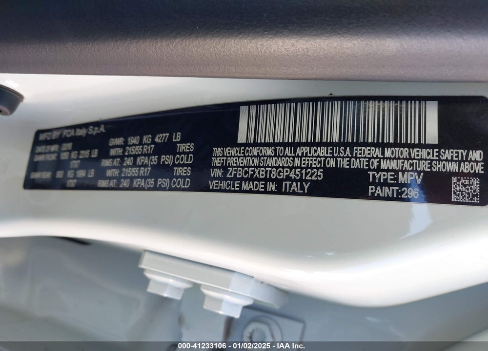 2016 FIAT 500X EASY VIN: ZFBCFXBT8GP451225