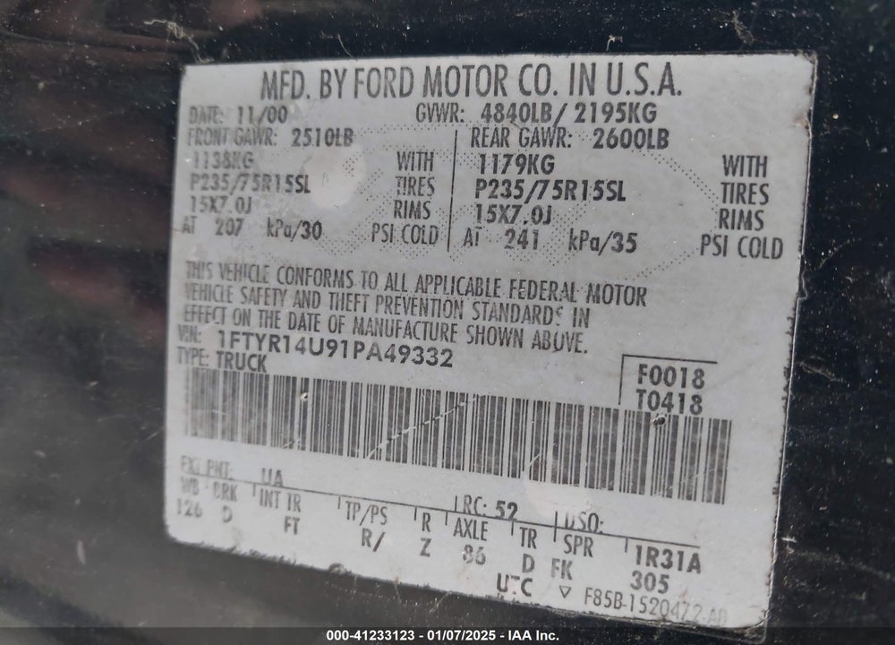 2001 FORD RANGER EDGE/XL/XLT VIN: 1FTYR14U91PA49332