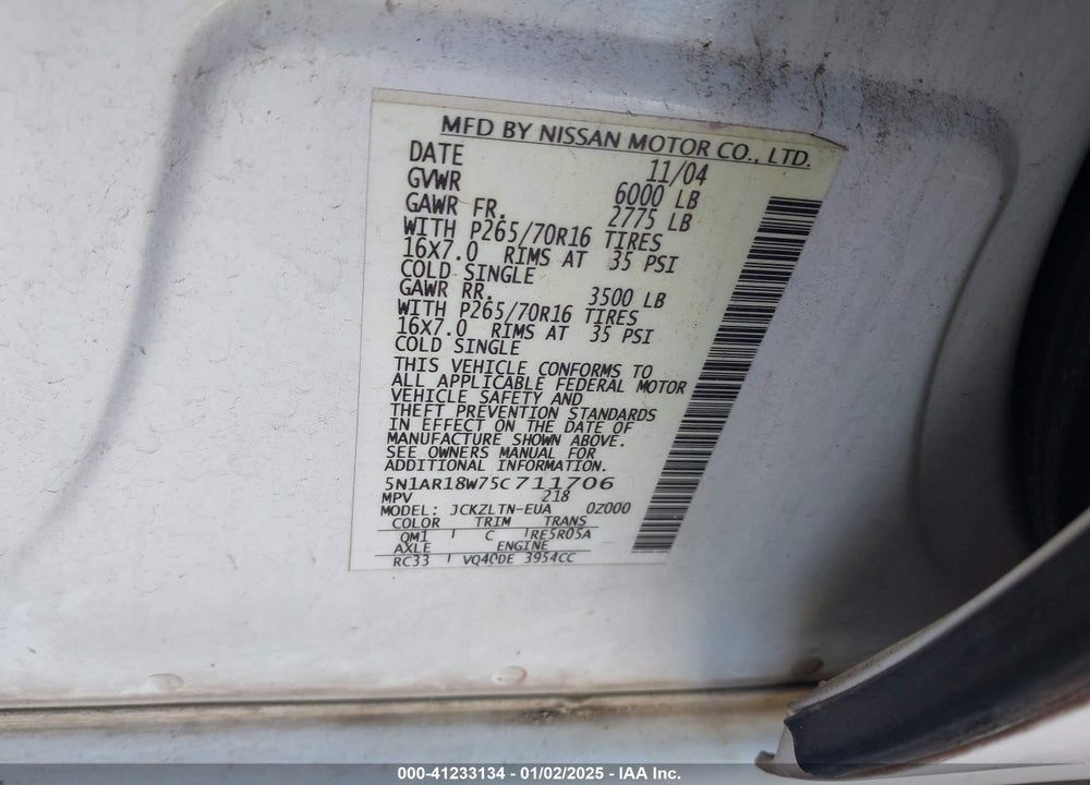 2005 NISSAN PATHFINDER SE VIN: 5N1AR18W75C711706