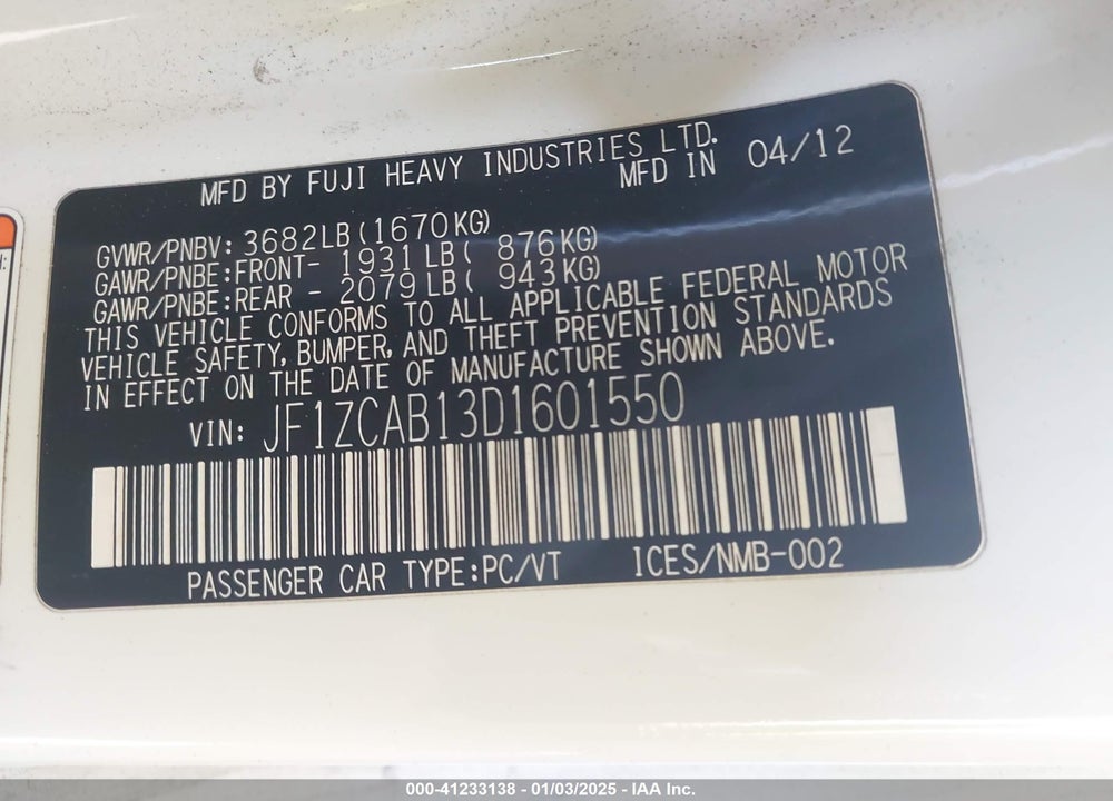 2013 SUBARU BRZ VIN: JF1ZCAB13D1601550