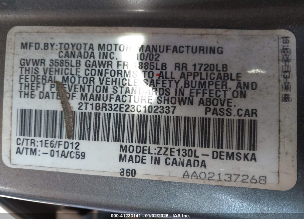 2003 TOYOTA COROLLA S VIN: 2T1BR32E23C102337