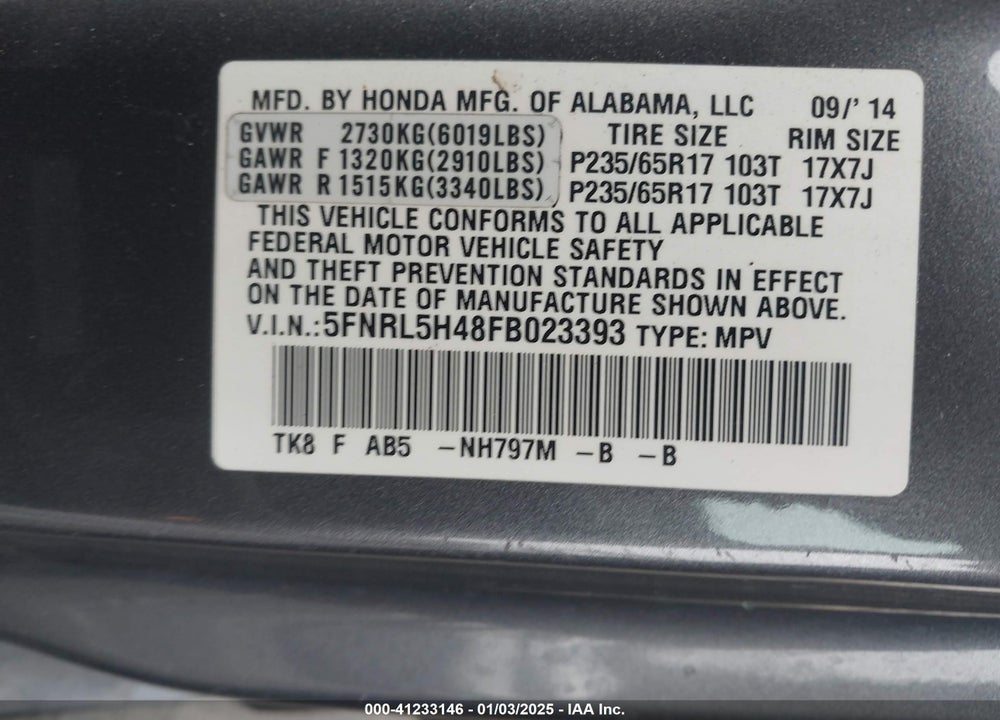 2015 HONDA ODYSSEY EX VIN: 5FNRL5H48FB023393