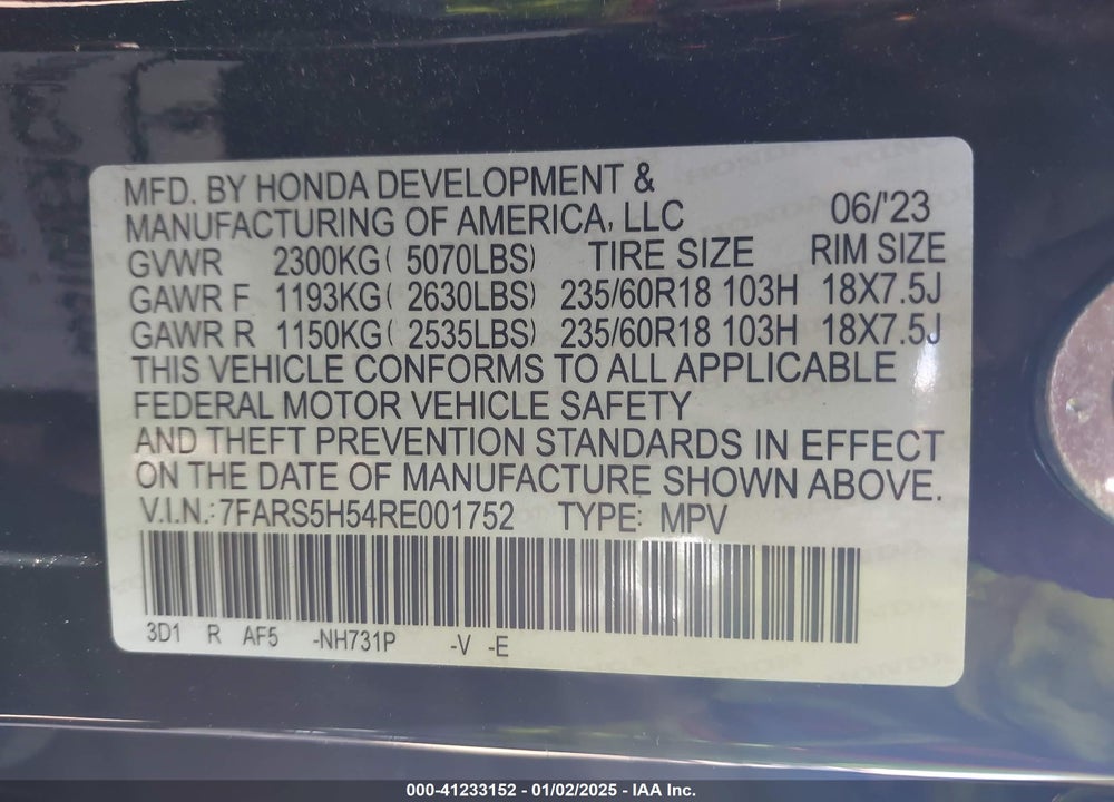 2024 HONDA CR-V HYBRID SPORT VIN: 7FARS5H54RE001752
