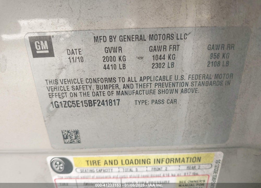 2011 CHEVROLET MALIBU 1LT VIN: 1G1ZC5E15BF241817
