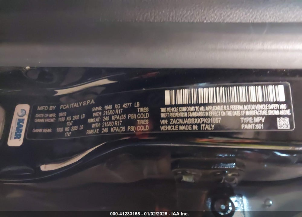 2019 JEEP RENEGADE LATITUDE VIN: ZACNJABBXKPK91057