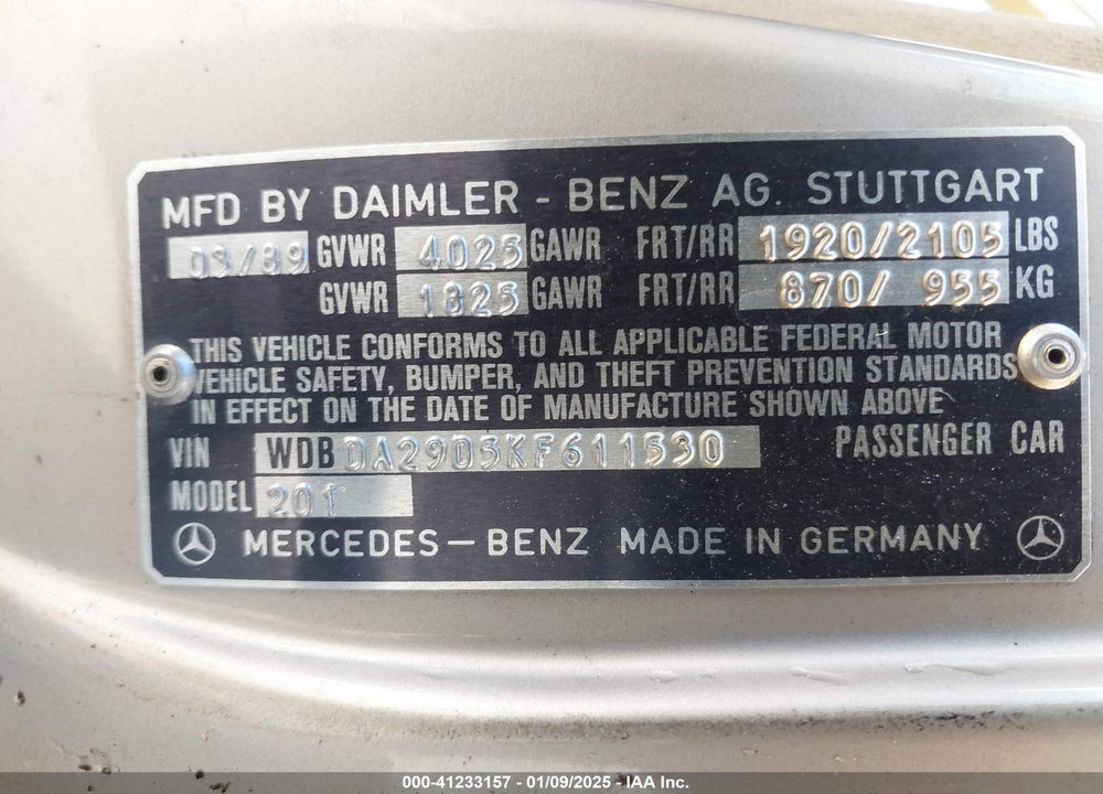 1989 MERCEDES-BENZ 190 E 2.6 VIN: WDBDA29D5KF611530