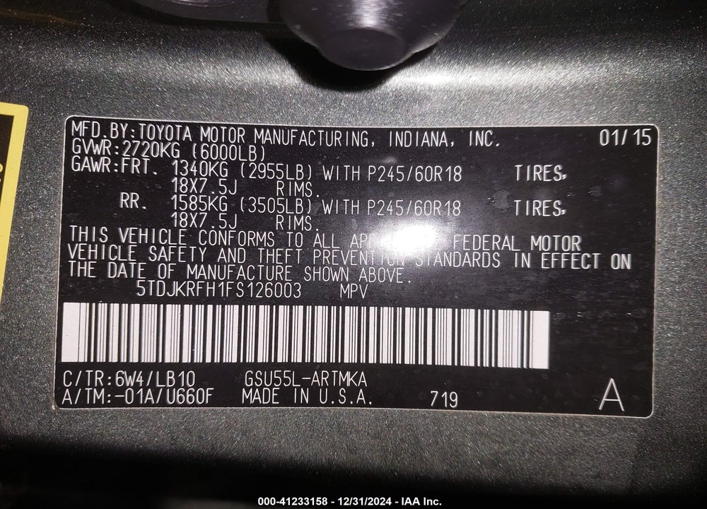 2015 TOYOTA HIGHLANDER XLE V6 VIN: 5TDJKRFH1FS126003