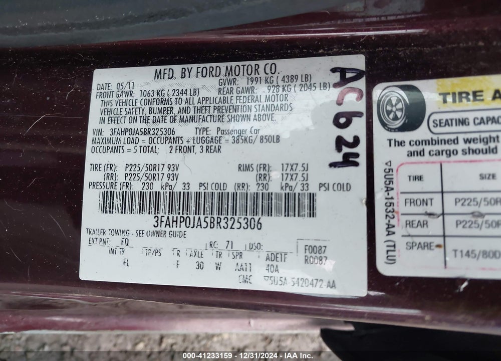 2011 FORD FUSION SEL VIN: 3FAHP0JA5BR325306