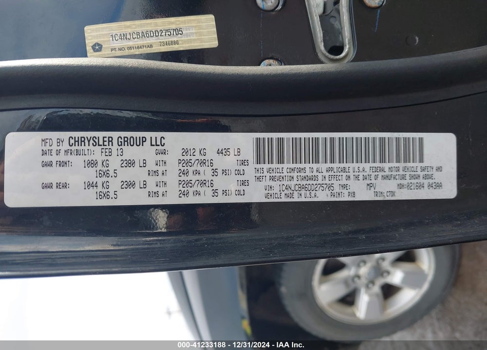 2013 JEEP COMPASS SPORT VIN: 1C4NJCBA6DD275705