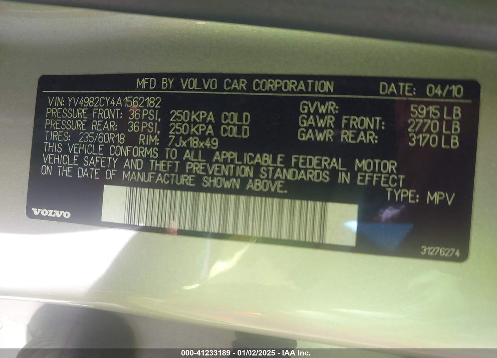 2010 VOLVO XC90 3.2 VIN: YV4982CY4A1562182