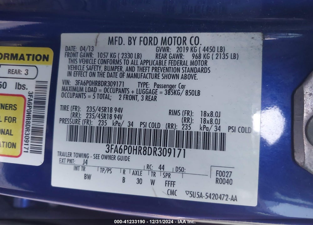 2013 FORD FUSION SE VIN: 3FA6P0HR8DR309171