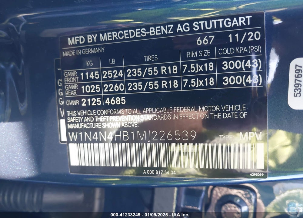 2021 MERCEDES-BENZ GLA 250 4MATIC VIN: W1N4N4HB1MJ226539