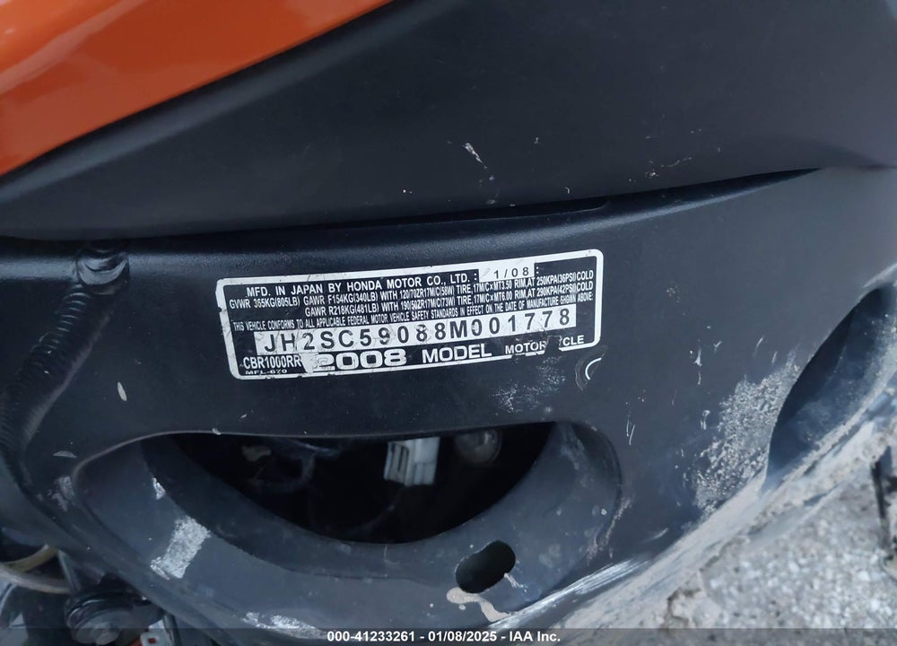 2008 HONDA CBR1000 RR VIN: JH2SC59088M001778