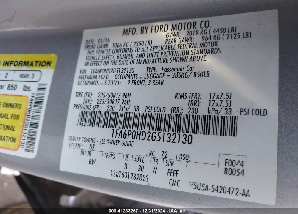 2016 FORD FUSION SE VIN: 1FA6P0HD2G5132130