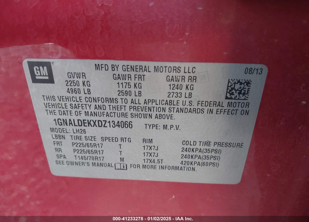 2013 CHEVROLET EQUINOX 1LT VIN: 1GNALDEKXDZ134066