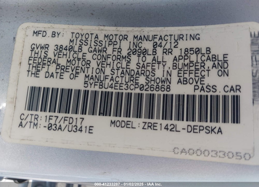 2012 TOYOTA COROLLA VIN: 5YFBU4EE3CP026868