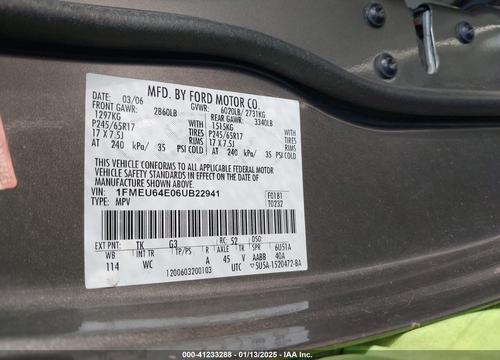 2006 FORD EXPLORER EDDIE BAUER VIN: 1FMEU64E06UB22941