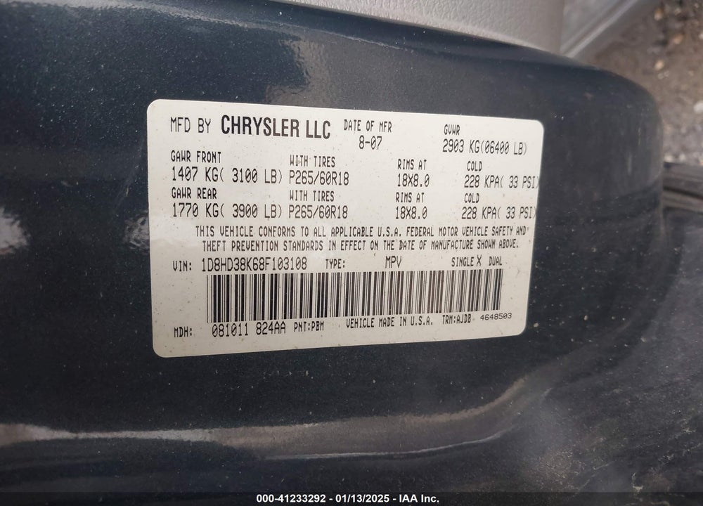 2008 DODGE DURANGO SXT VIN: 1D8HD38K68F103108