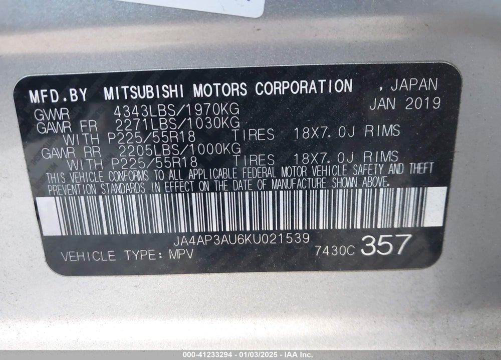 2019 MITSUBISHI OUTLANDER SPORT 2.0 ES VIN: JA4AP3AU6KU021539
