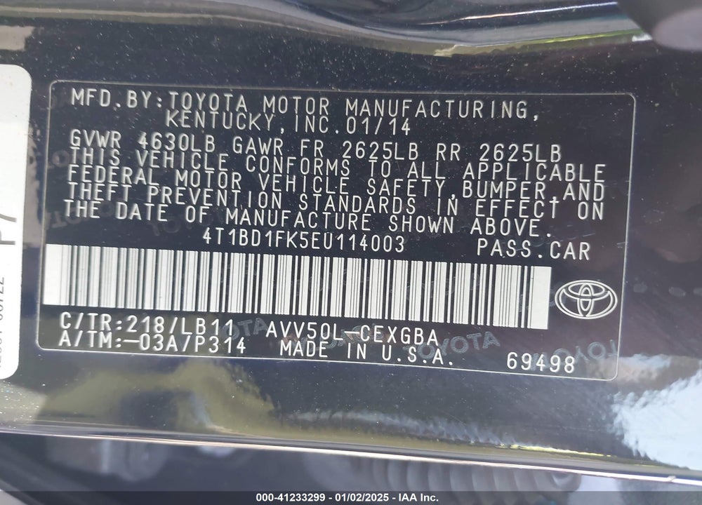 2014 TOYOTA CAMRY HYBRID VIN: 4T1BD1FK5EU114003