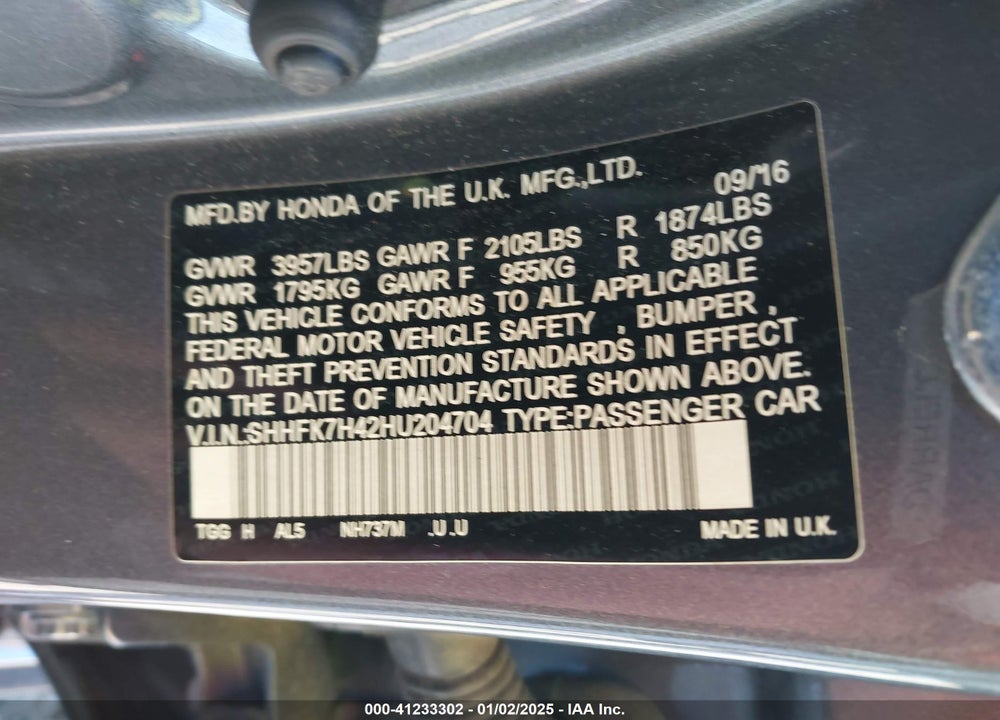 2017 HONDA CIVIC VIN: SHHFK7H42HU204704