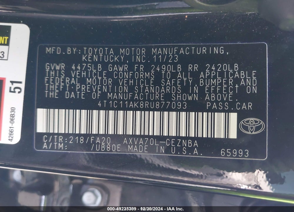 2024 TOYOTA CAMRY LE VIN: 4T1C11AK8RU877093