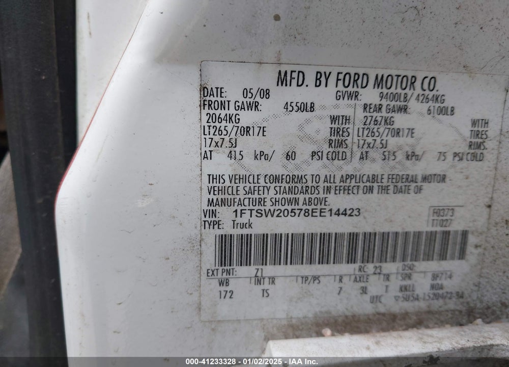 2008 FORD F-250 KING RANCH/LARIAT/XL/XLT VIN: 1FTSW20578EE14423
